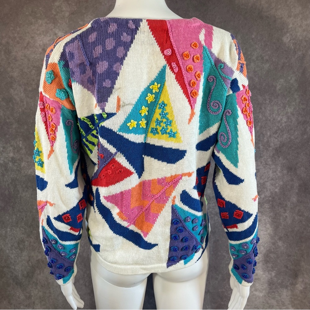 Design Options Cardigan Button Up Sweater Size Medium Fun Pattern 80s with Beads - Picture 3 of 9